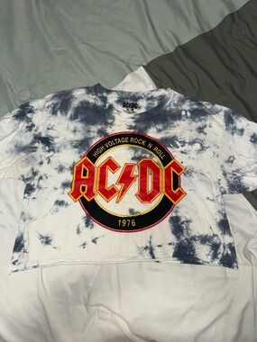 AC/DC White and Navy Tie-Dye Crop Tee with Red and Yellow Logo